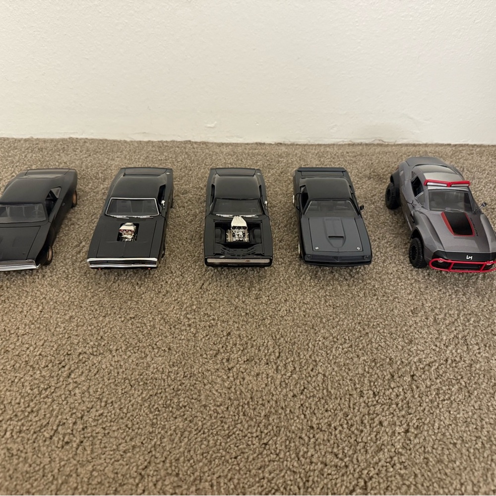 Set of Five Model Cars: Dodge Chargers, Plymouth and Rally Fighter